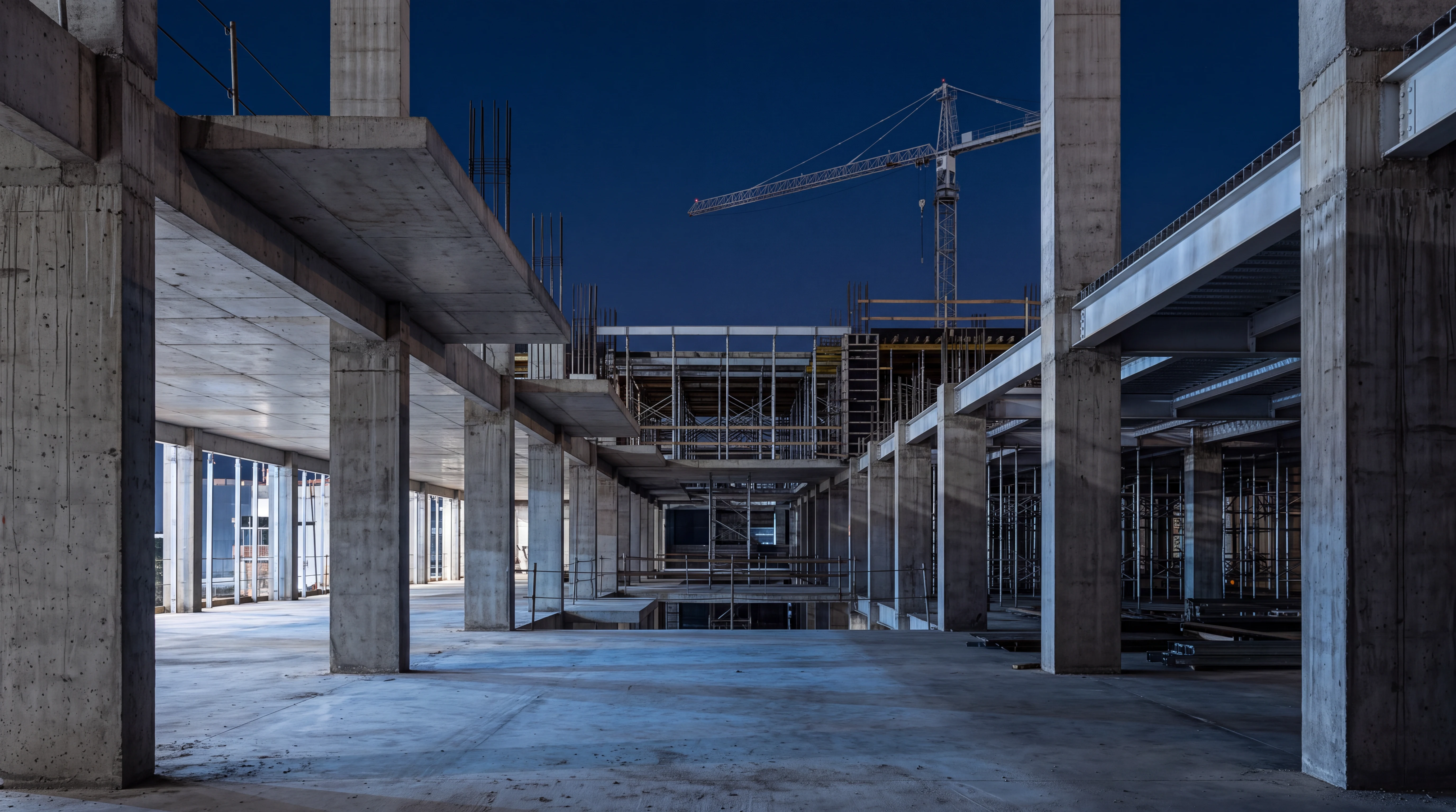 Estrutura de concreto de uma obra ao entardecer, imagem gerada para a Strecta